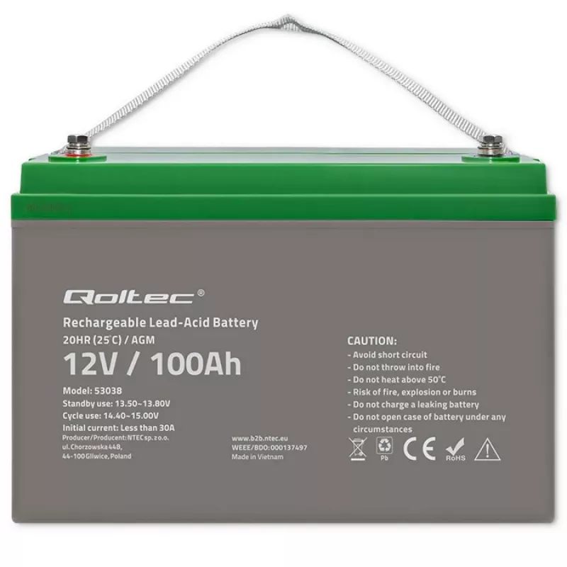 Qoltec 53038 AGM baterija | 12V | 100Ah | maks. 1200A