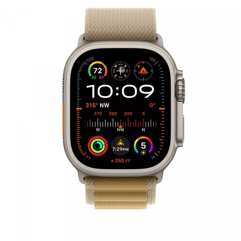 „Apple“ 49 mm įdegio spalvos „Alpine Loop“ didelis dirželis, natūralaus titano apdaila
