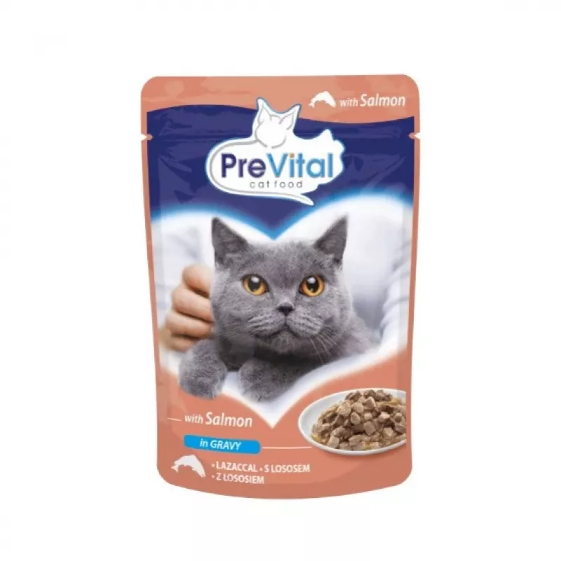 Šlapias kačių ėdalas PREVITAL Cat Food Mix 4 Flavors — vištiena, veršiena, lašiša, paukštiena, 96 x 100 g maišeliai (9,6 kg, suaugusioms katėms)