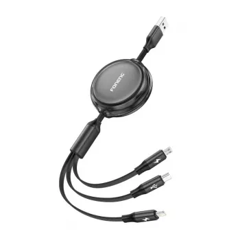 3-in-1 ištraukiamas laidas FONENG X113 1,1 m juodas — Lightning, USB-C, Micro-USB