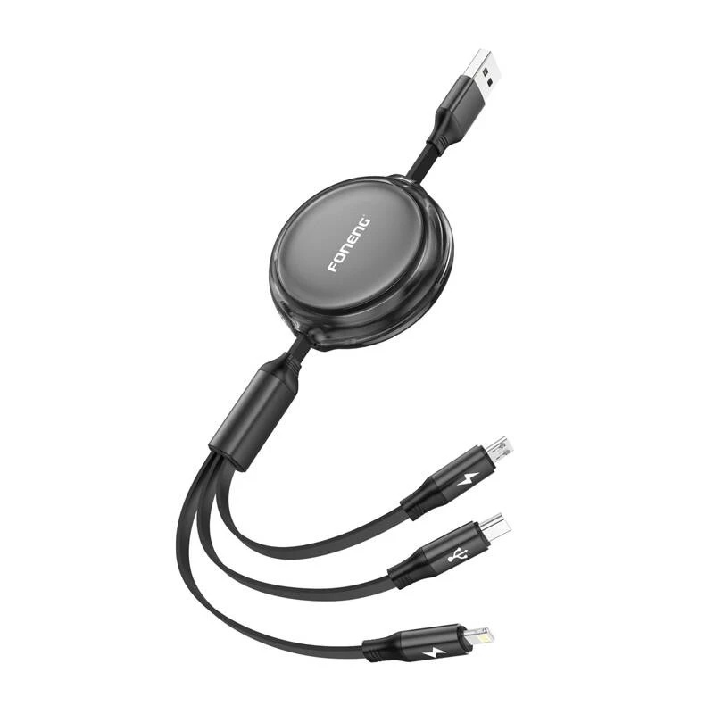 3-in-1 ištraukiamas laidas FONENG X113 1,1 m juodas — Lightning, USB-C, Micro-USB