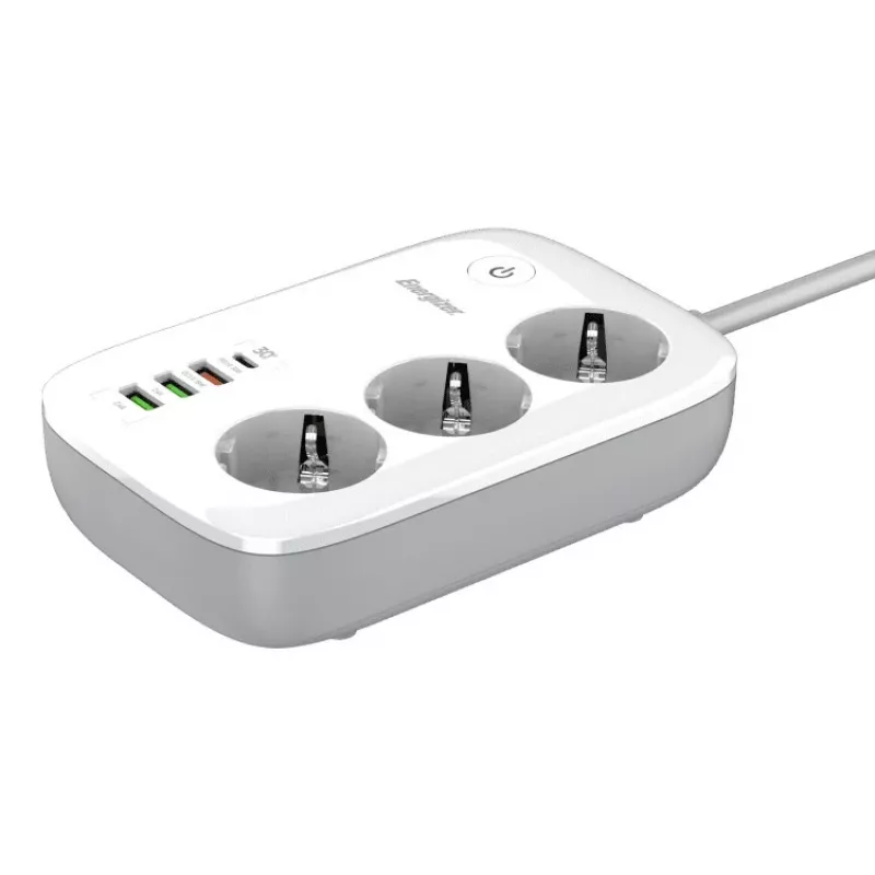 Maitinimo ilgintuvas Energizer EPB2500W02EU — 3 kintamosios srovės lizdai, 2 m laidas, 2500 W, vidaus, baltas