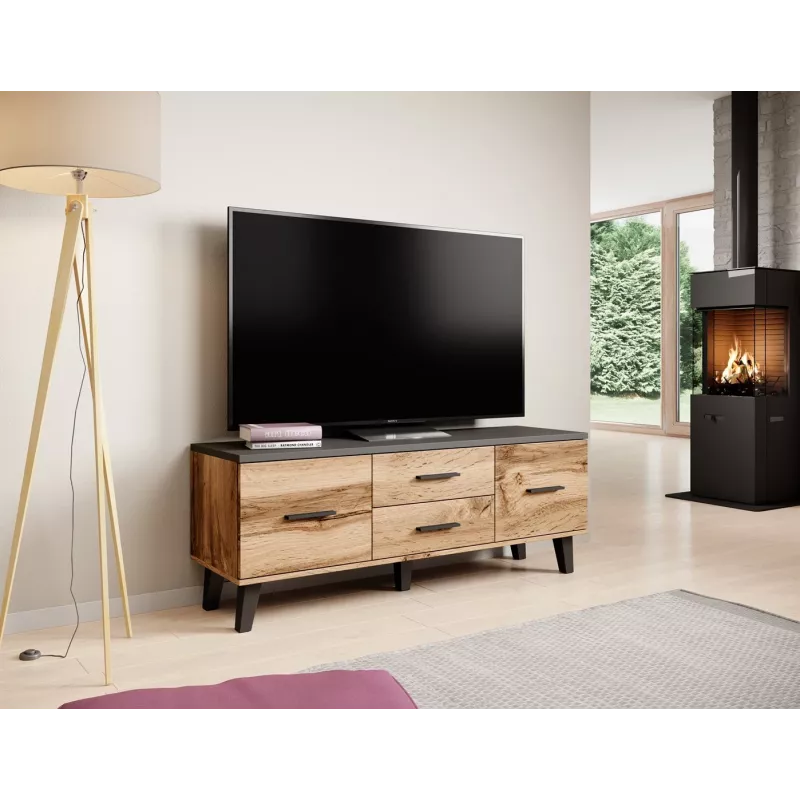 TV staliukas Cama Meble LOTTA 140 cm — wotan ąžuolo rėmas, juoda medžio drožlių plokštės viršus, 1400×400×530 mm