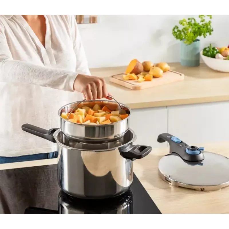 Greitpuodis Tefal SECURE TRENDY 6L su nerūdijančio plieno garinimo krepšeliu, tinkamas indukcijai