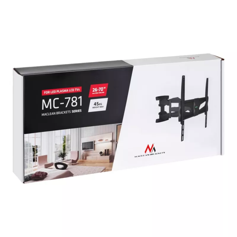 Sieninis TV laikiklis MACLEAN MC-781, skirtas 66–177,8 cm (26–70 colių) ekranams, pakreipimas -12–2°, VESA 100x100–400x400, maks. apkrova 45 kg, juodas