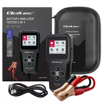 Qoltec 52489 Skaitmeninis 3-in-1 akumuliatorių analizatorius-testuoklis su LCD ir keliomis kalbomis 6V | 12V | 24V | 30Ah-200Ah
