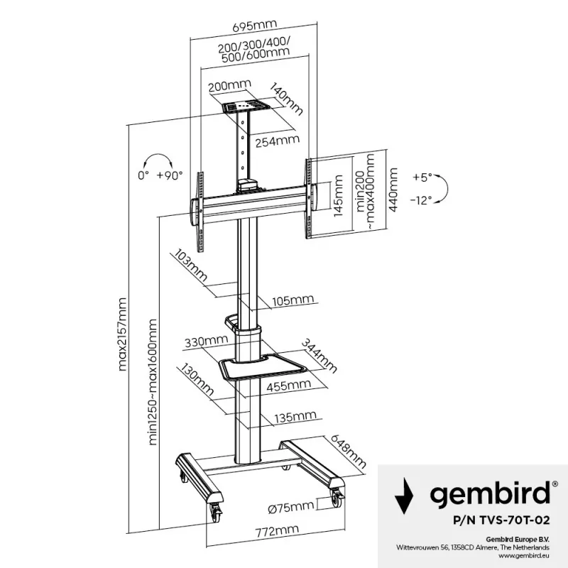Ant grindų statomas televizoriaus stovas Gembird TVS-70T-02 37–70 colių ekranams, maks. 70 kg, VESA 200x200–600x400, pakreipimas ±5°/−12°, reguliuojamas aukštis, ratukai, kabelių valdymas
