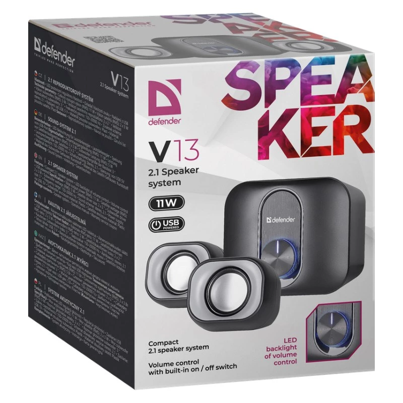 Staliniai 2.1 garsiakalbiai DEFENDER V13 — 11 W RMS (6 W palydovai, 5 W žemų dažnių garsiakalbis), maitinami per USB, 3,5 mm įvestis, juodi