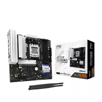 Pagrindinė plokštė ASROCK A620AM PRO RS WIFI AM5 microATX, AMD A620, 4×DDR5, Wi‑Fi, HDMI, DP, 3×M.2, 2×SATA, 7.1 garsas, 1Gb LAN