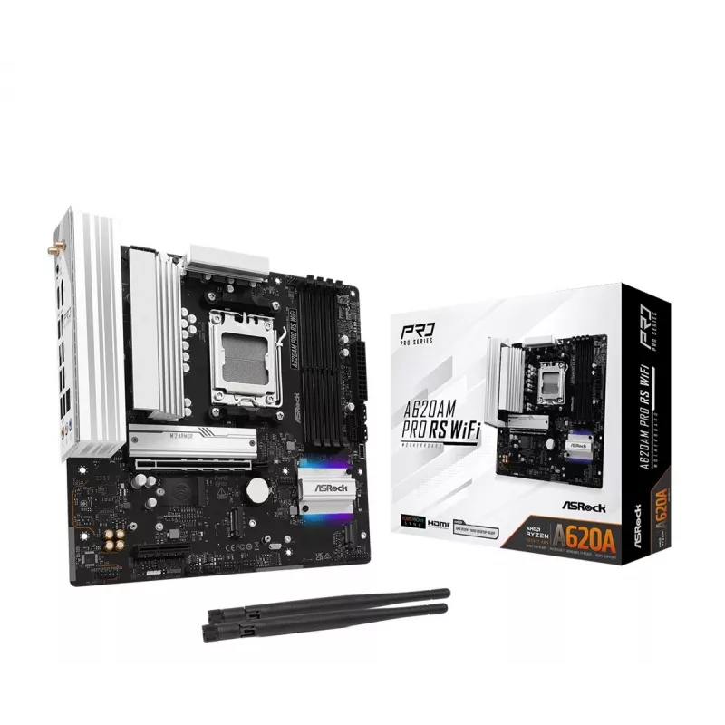 Pagrindinė plokštė ASROCK A620AM PRO RS WIFI AM5 microATX, AMD A620, 4×DDR5, Wi‑Fi, HDMI, DP, 3×M.2, 2×SATA, 7.1 garsas, 1Gb LAN