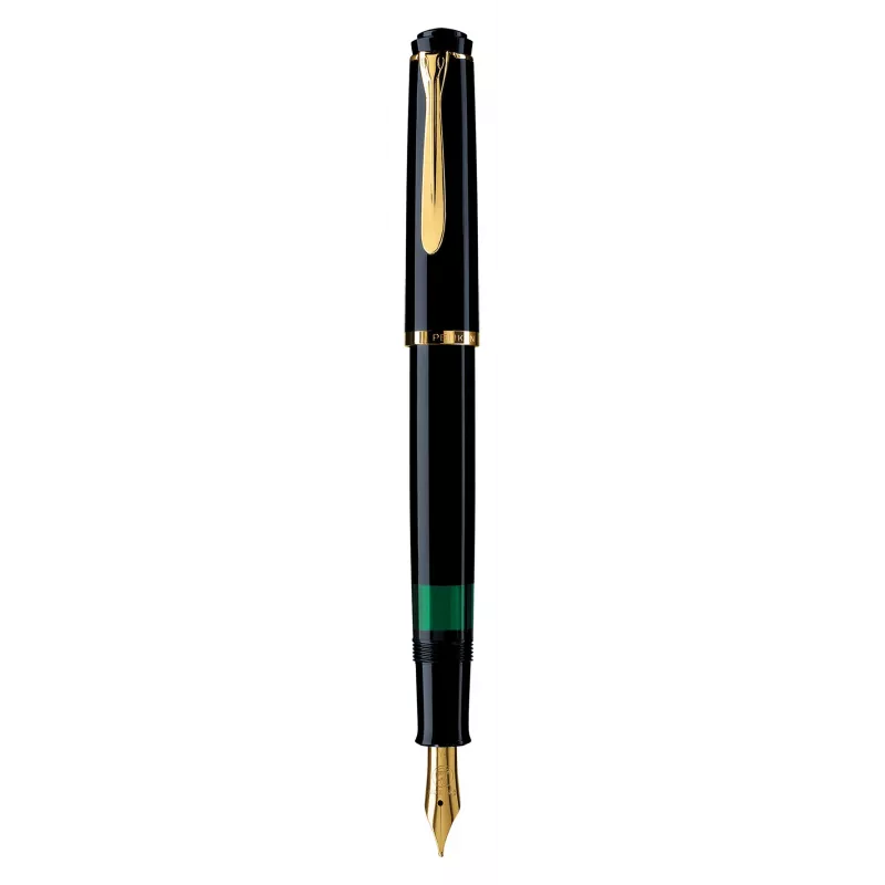 Pelikan M200, juoda, auksinė, integruota pildymo sistema, derva, auksinis, kursyvinis plunksnagalis, auksinis, nerūdijantis plienas
