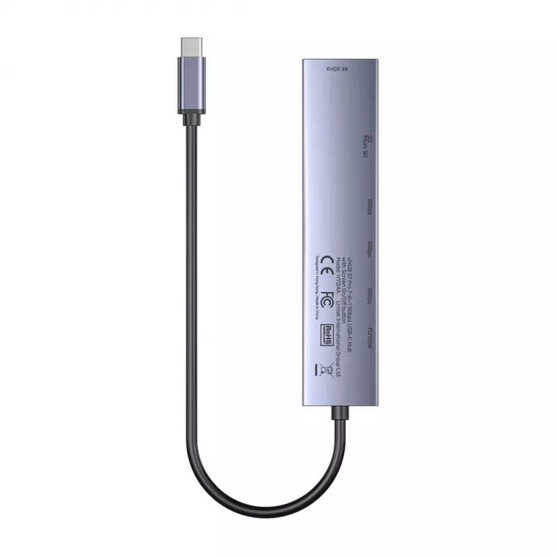 USB-C šakotuvas Unitek H1124AGY01 su 100W PD, HDMI 2.0, 2x USB‑A, 2x USB‑C, SD/microSD skaitytuvu — aliuminis