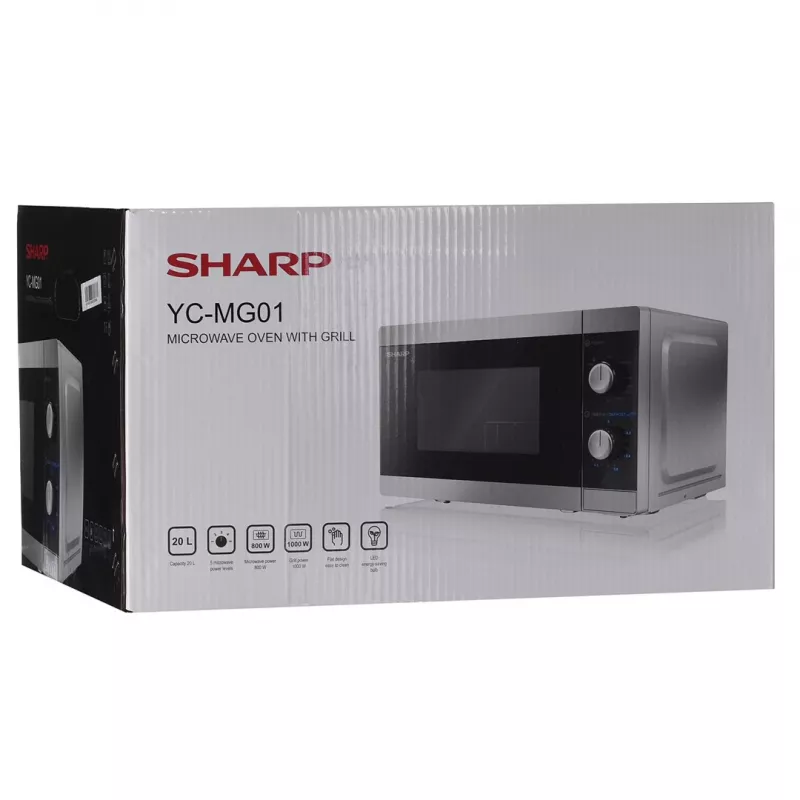Kombinuota mikrobangų krosnelė Sharp YC-MG01E-S — 20 l, 800 W mikrobangų, 1000 W grilis, 5 galios lygiai, sukamoji valdymo rankenėlė, 25,5 cm sukamoji lėkštė