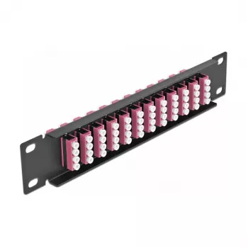 Skaidulinis optinis pataisymo skydelis DeLOCK 10 colių 12 prievadų LC Quad violetinis 1U juodas