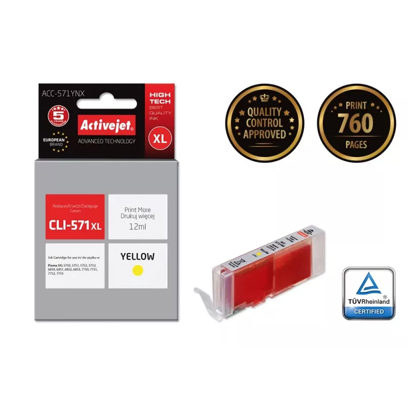 Activejet ACC-571YNX rašalas (pakaitinis Canon CLI-571XLY; Supreme; 12 ml; geltonas)