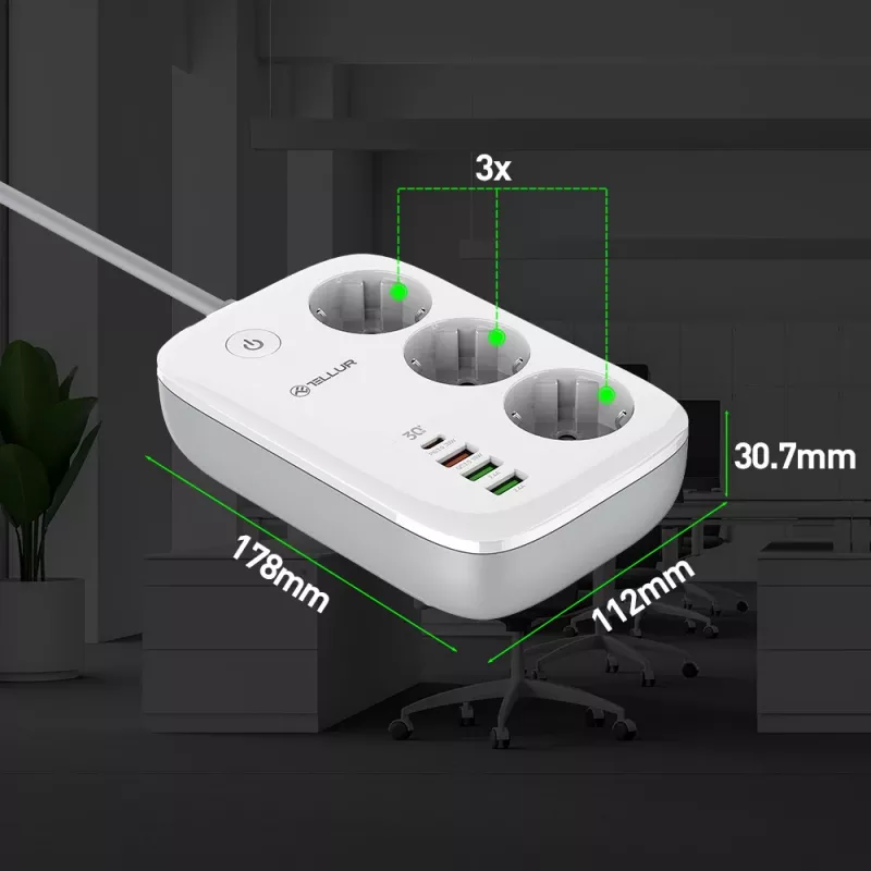Maitinimo lizdas Tellur TLL331521 išmanusis WiFi maitinimo lizdas su 3 lizdais, PD 30W, QC 18W