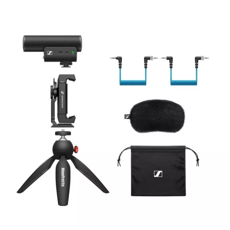 Sennheiser MKE 400 Mobile Kit – kondensatorinis superkardioidinis mikrofonas su žemųjų dažnių filtru ir Manfrotto trikoju