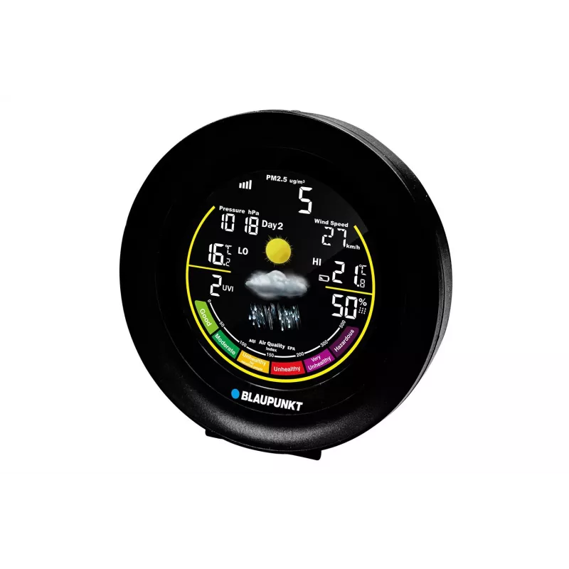 Oro stotelė BLAUPUNKT WS35BK APP — LCD ekranas, temperatūra ir drėgmė, žadintuvas, kalendorius, programėlės ryšys, 94×94×27 mm