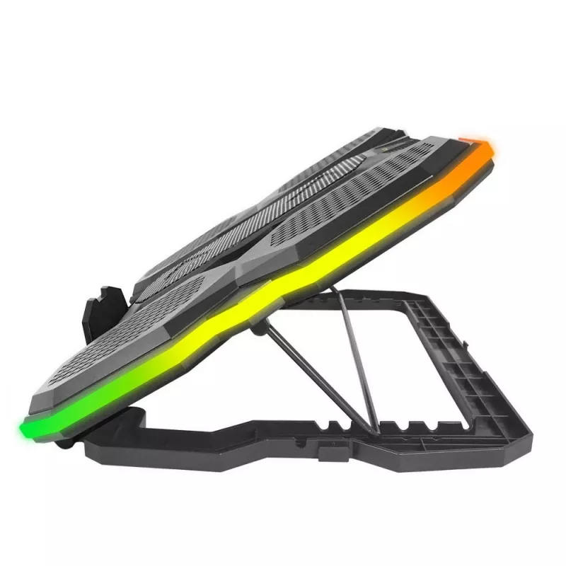 Nešiojamojo kompiuterio aušinimo padėklas ESPERANZA EGC107 — 3 ventiliatoriai 1200–2600 RPM, 390×255×38 mm, USB PD, RGB, 5 aukščio pozicijos, juodas