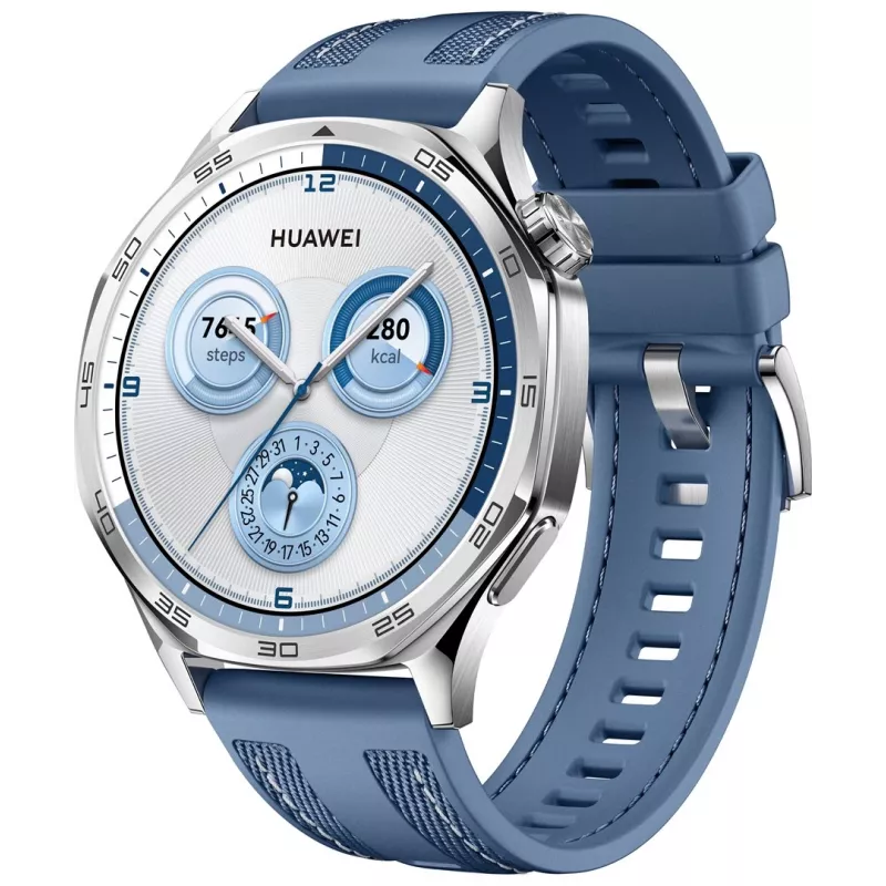 Išmanusis laikrodis HUAWEI WATCH GT5 46mm — 1,43 colio AMOLED, GPS, 524 mAh, nerūdijančio plieno korpusas, mėlyna austa juosta