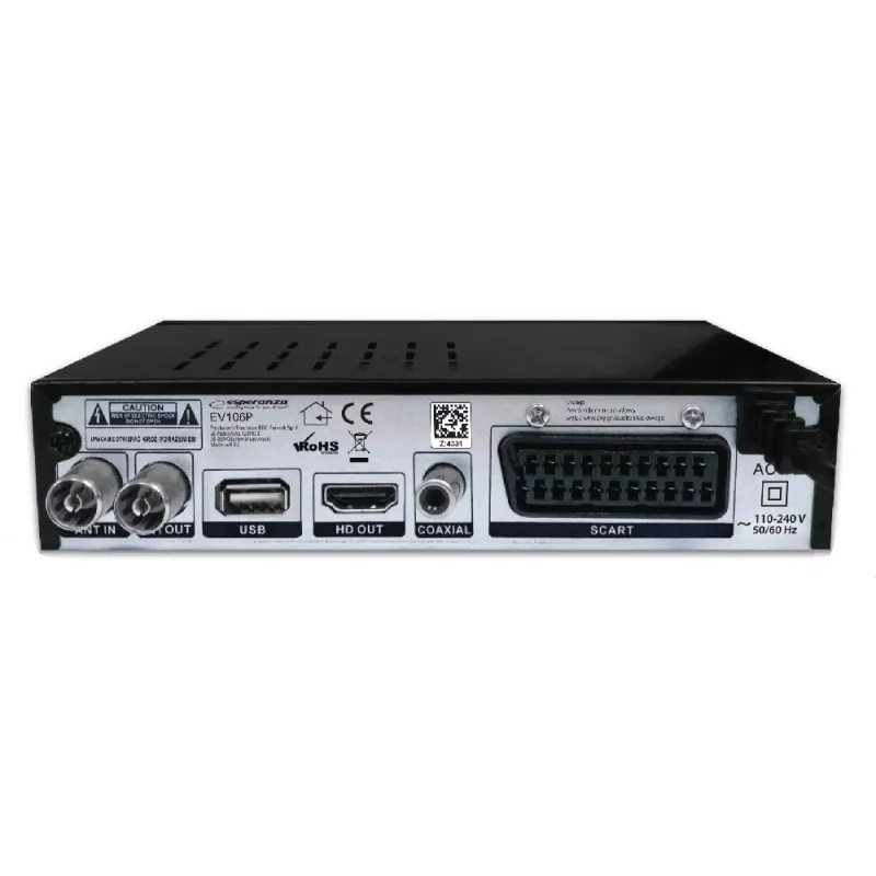 Televizoriaus priedėlis ESPERANZA EV106R kabelinis imtuvas DVB-T2 / DVB-C HEVC H.265, HDMI, USB, PVR, Dolby Digital, 174–790 MHz, juodas