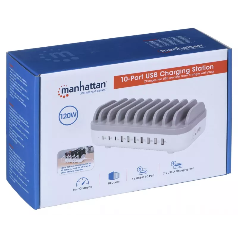 Manhattan Charging Station, 10x Ports: 3x USB-C (up to 18W PD) and 7x USB-A (up to 12W), 120W Total Output, White/Pilka, Three Year Warranty