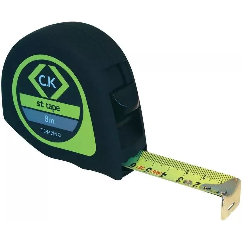 Ruletė c.k tools T3442M8 — 8 m ilgis, kompaktiškas korpusas, metriniai žymėjimai