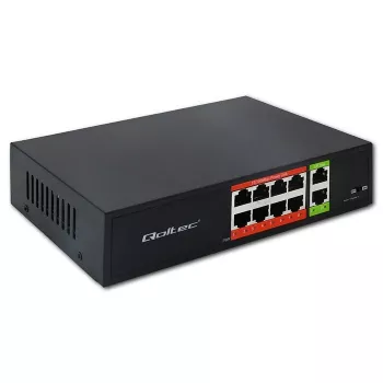 Tinklo komutatorius QOLTEC FAST Ethernet PoE 8xRJ45 su 2xRJ45 aukštyninio ryšio prievadais (modelis 52290)
