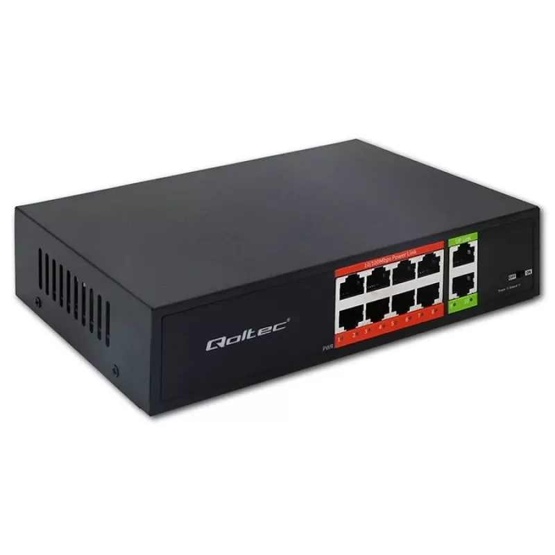 Tinklo komutatorius QOLTEC FAST Ethernet PoE 8xRJ45 su 2xRJ45 aukštyninio ryšio prievadais (modelis 52290)