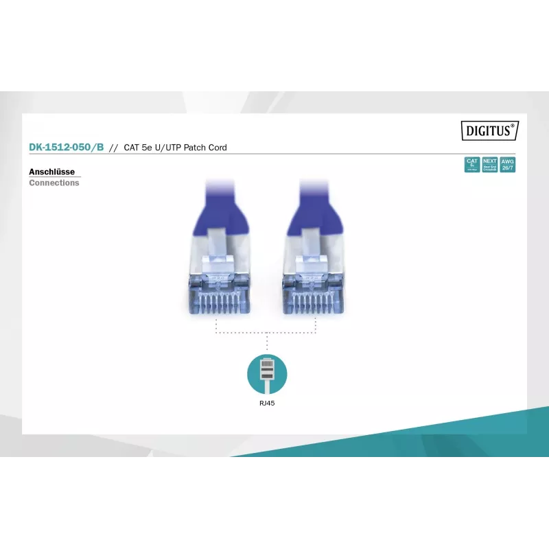 Tinklo kabelis DIGITUS Digitus CAT 5e U/UTP, 5 m, U/UTP, RJ-45 — Mėlynas