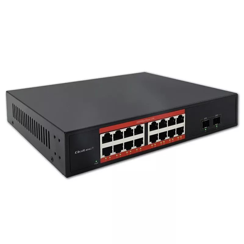 Tinklo komutatorius QOLTEC 52364 — Gigabit Ethernet PoE 16xRJ45, 2xSFP