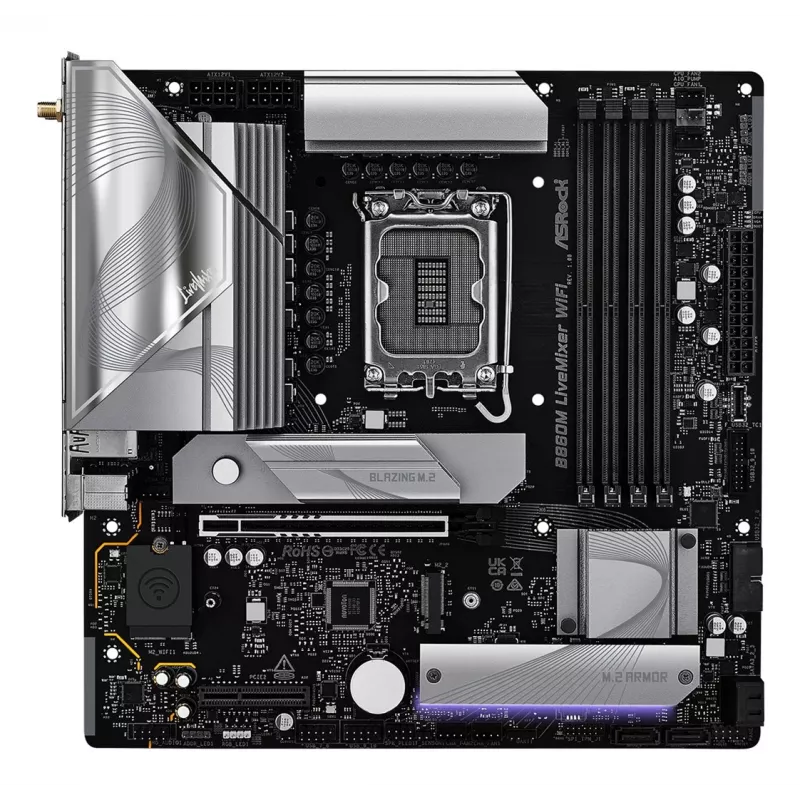 Motininė plokštė ASRock B860M LiveMixer WiFi — Intel B860, LGA 1851, micro ATX, DDR5, 4x DIMM, Wi‑Fi 6E, 2.5Gb LAN