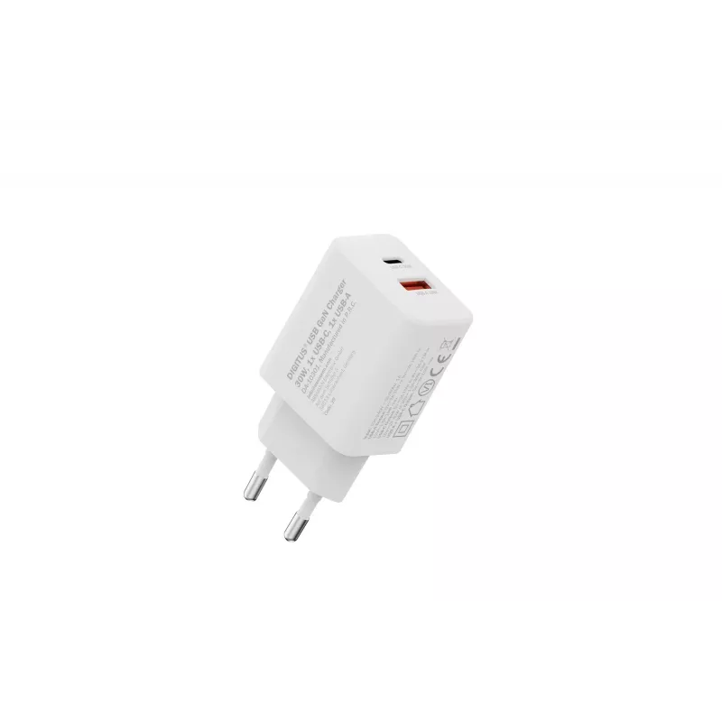 AC vidaus USB GaN įkroviklis DIGITUS DA-10301 — 30W, 1× USB-C, 1× USB-A, 100–240V, balta