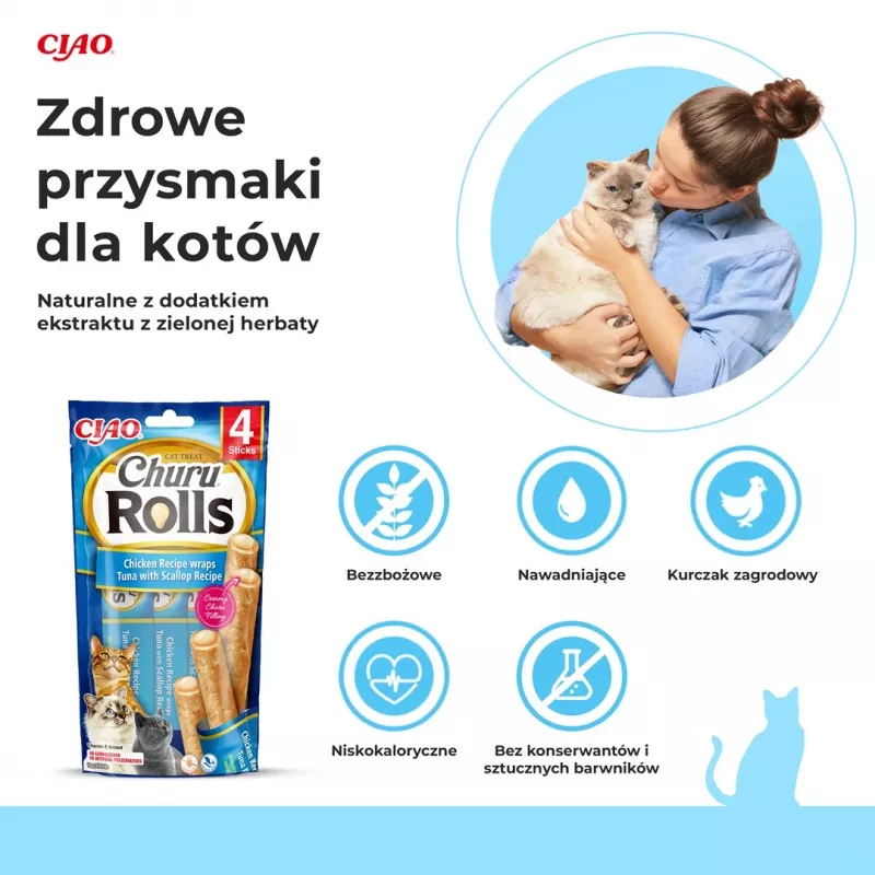 INABA Churu Rolls vištienos recepto suktinukai su tuno ir šukutės receptu - skanėstai katėms - 4x10 g