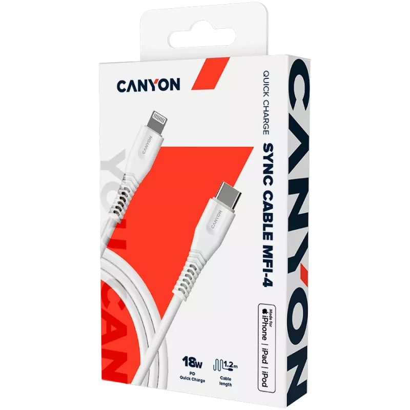 CANYON laidas MFI-4 Type-C į Lightning 1,2 m baltas