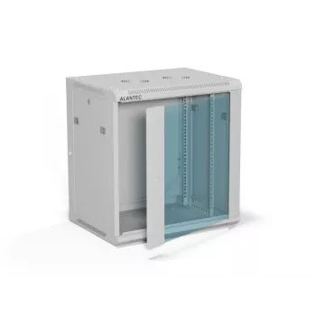 Sieninė 19 colių spinta Alantec 12U 600x450 mm, vienos stiklinės durys, nuimamos galinės ir šoninės plokštės, rakinamos, 4 montavimo bėgeliai, pilka, plokščia pakuotė