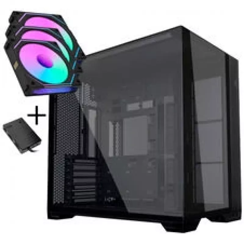 Lian Li O11 Vision Compact PC korpuso komplektas + 3x UNI FAN SL-INF 120 Reverse Blade ventiliatorius – juodas