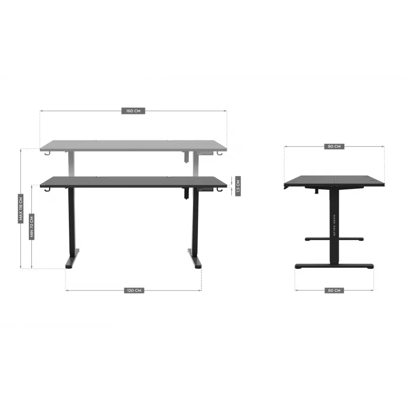 Reguliuojamo aukščio elektrinis žaidimų stalas Mark Adler MA-Leader 7.6, juodas – 160×80 cm, 72–118 cm, maks. 70 kg