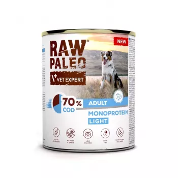 Šlapias šunų maistas VETEXPERT Raw Paleo Cod Light Adult 800 g — konservuotas, žuvies skonio, 11,3% baltymų, 1,7% riebalų