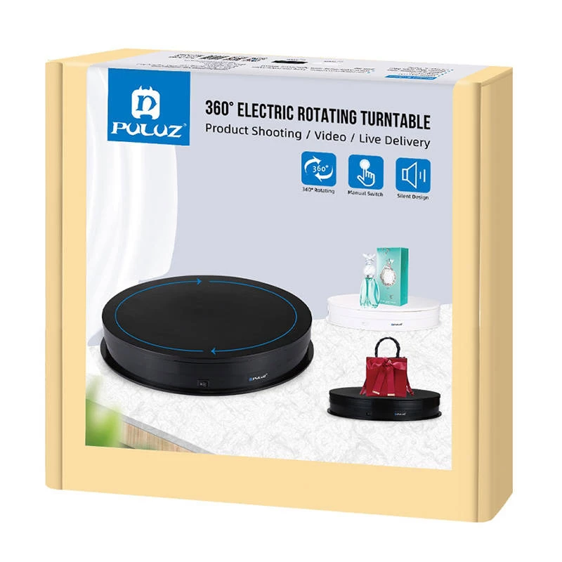 Puluz elektrinė sukamoji platforma PU3049B 30 cm USB juoda — motorizuota demonstracinė sukamoji platforma