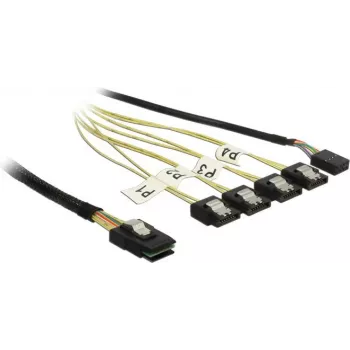 Vidinis Mini SAS į 4×SATA laidą DELOCK 1 m — Mini SAS SFF-8087 į 4×SATA 7 kontaktų, juoda/sidabrinė/geltona