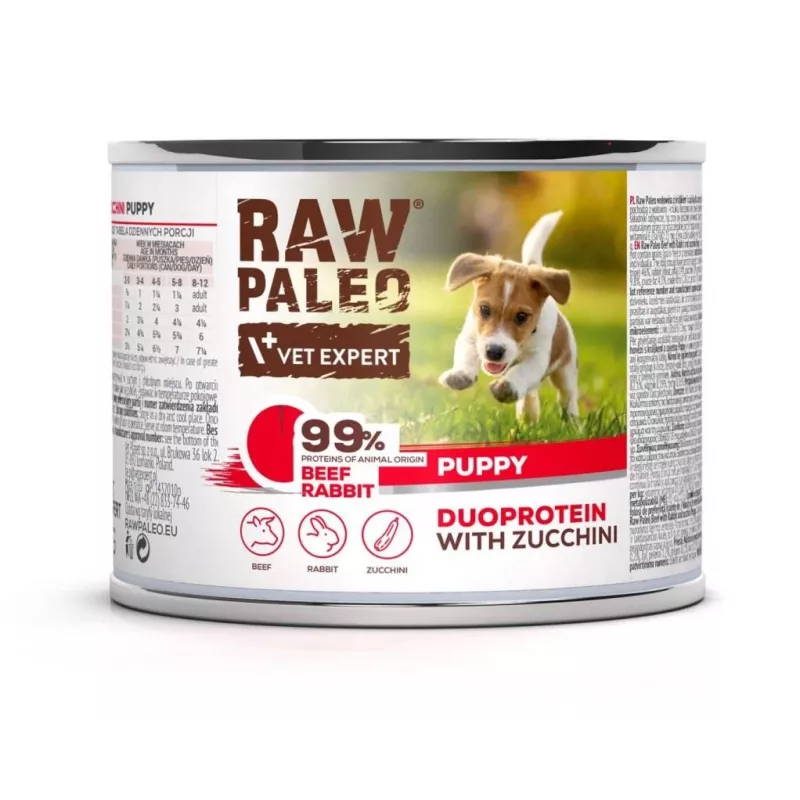Šlapias šunų maistas VETEXPERT RAW PALEO Duoprotein Beef & Rabbit Puppy 200g, 82,1% drėgmė, 9,8% baltymai, jaunų šunų