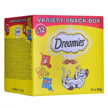 Kačių skanėstai Dreamies sūrio, vištienos, lašišos asorti 12×60 g — mėsingi kieti užkandžiai, baltymų 31%, riebalų 21%