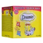 Kačių skanėstai Dreamies sūrio, vištienos, lašišos asorti 12×60 g — mėsingi kieti užkandžiai, baltymų 31%, riebalų 21%