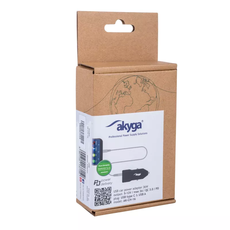 Automobilinis įkroviklis 12/24V Akyga AK-CH-16 36W USB-A + USB-C PD Quick Charge 3.0 5-12V / 1.5-3A juodas