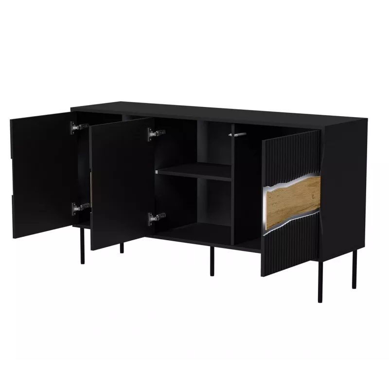 Komoda cama meble INSERTO 3D 143.5×40×80 cm juoda su LED, medžio drožlių plokštė, 16 mm rėmas