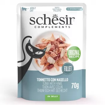 Šlapias kačių ėdalas Agras Pet Foods SCHESIR Tunas su jūrų lydeka drebučiuose, 70 g, be grūdų, be sojos ir glitimo