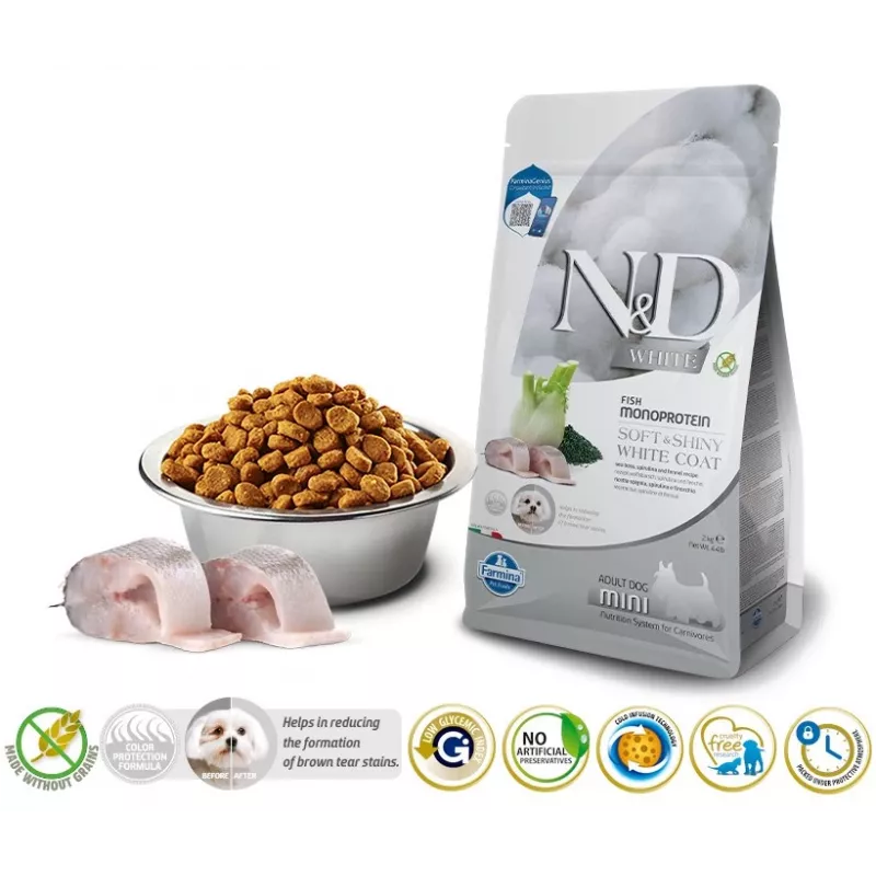 Sausas šunų maistas Farmina N&D Sea Bass Spirulina Fennel Adult Mini 2 kg — žuvies formulė mažiems suaugusiems šunims, 23 % baltymų, 18 % riebalų