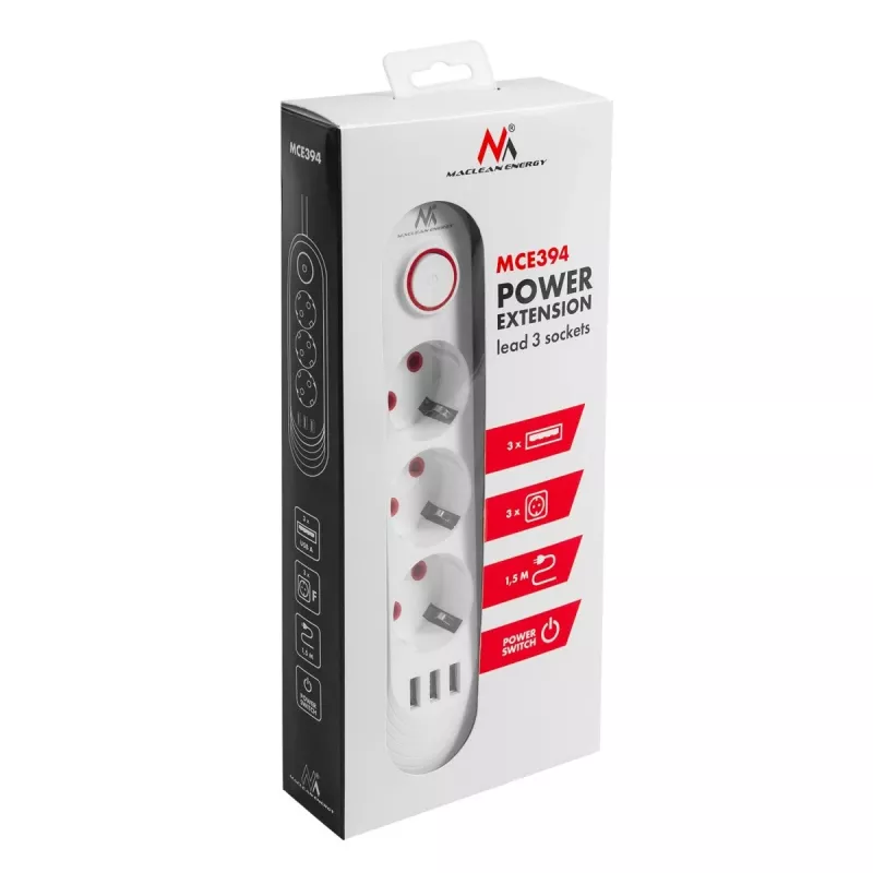 Maitinimo šakotuvas MACLEAN MCE394W — 3 lizdai, 3×USB 2,1A, 110–240V AC, 2500W, 1,5 m laidas, baltas