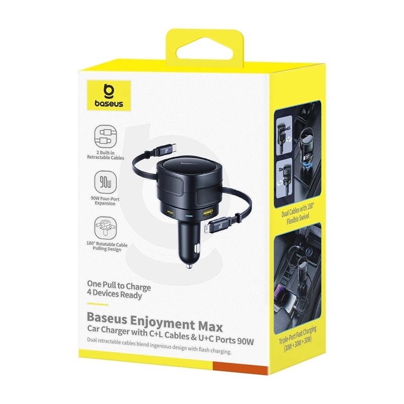 Automobilinis įkroviklis Baseus Enjoyment Max 90W su USB-C, Lightning ir USB-A prievadais